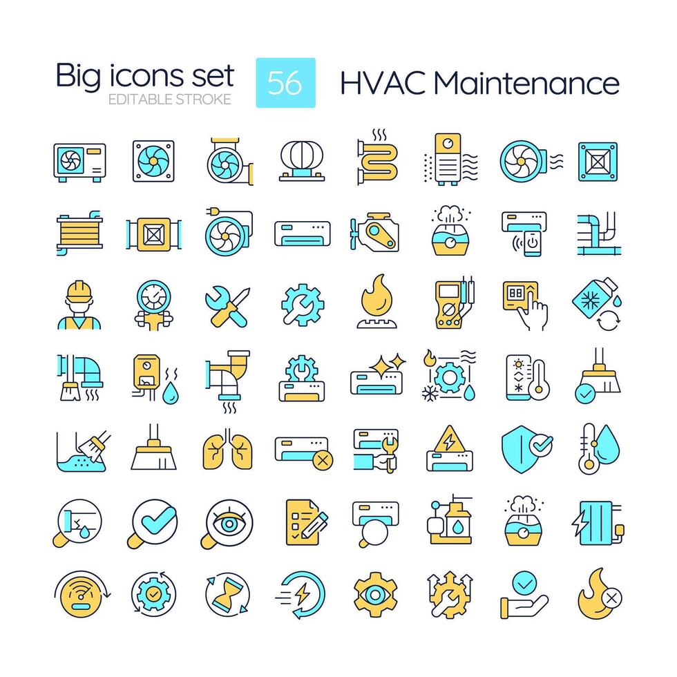 HVAC maintenance RGB color icons set. Commercial services. Heating and coolin system. Air conditioning. Isolated illustrations. Simple filled line drawings collection. Editable stroke vector