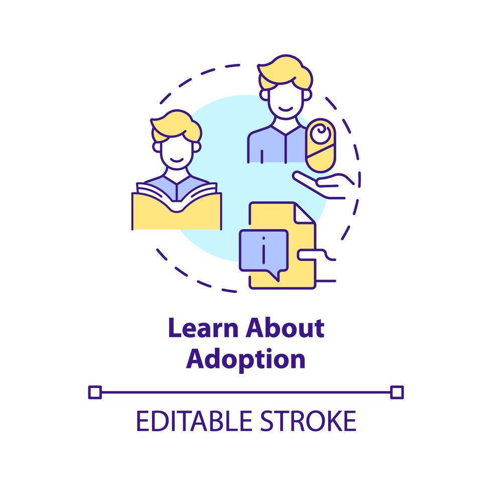 Learn about adoption multi color concept icon. Adoption process. Preparation for parenting. Reading and studying information. Round shape line illustration. Abstract idea. Graphic design. Easy to use vector