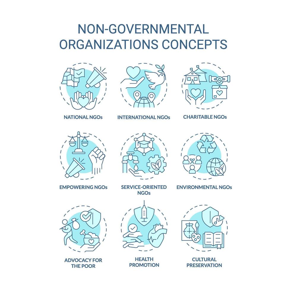 Non-governmental organizations soft blue concept icons. Fighting for human rights. Social justice. Humanitarian aid. Icon pack. images. Round shape illustrations. Abstract idea vector