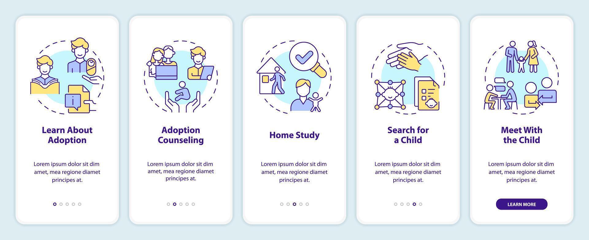 Adoption process onboarding mobile app screen. Preparation walkthrough 5 steps editable graphic instructions with linear concepts. UI, UX, GUI template vector