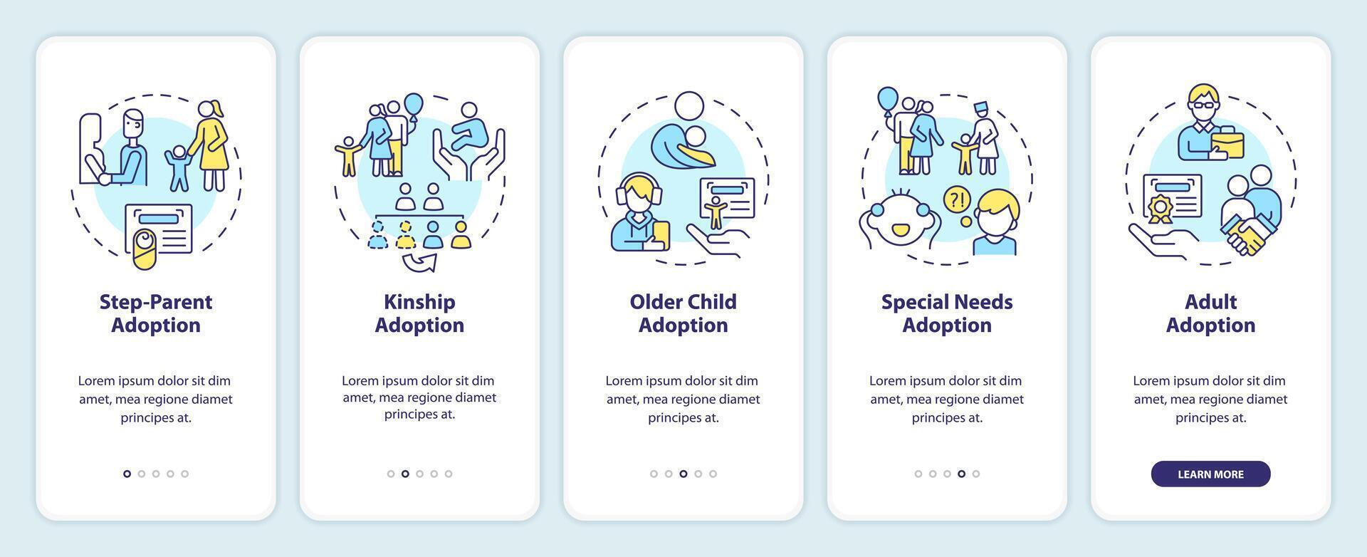 Adoption options onboarding mobile app screen. Child custody walkthrough 5 steps editable graphic instructions with linear concepts. UI, UX, GUI template vector