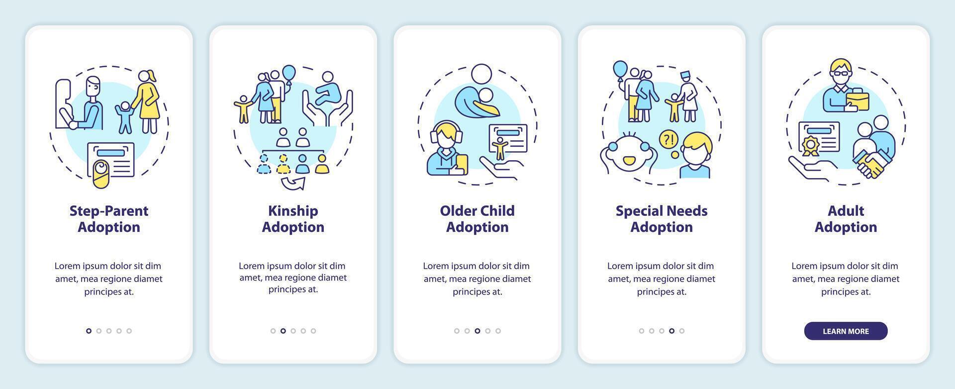 adopción opciones inducción móvil aplicación pantalla. niño custodia recorrido 5 5 pasos editable gráfico instrucciones con lineal conceptos. ui, ux, gui modelo vector