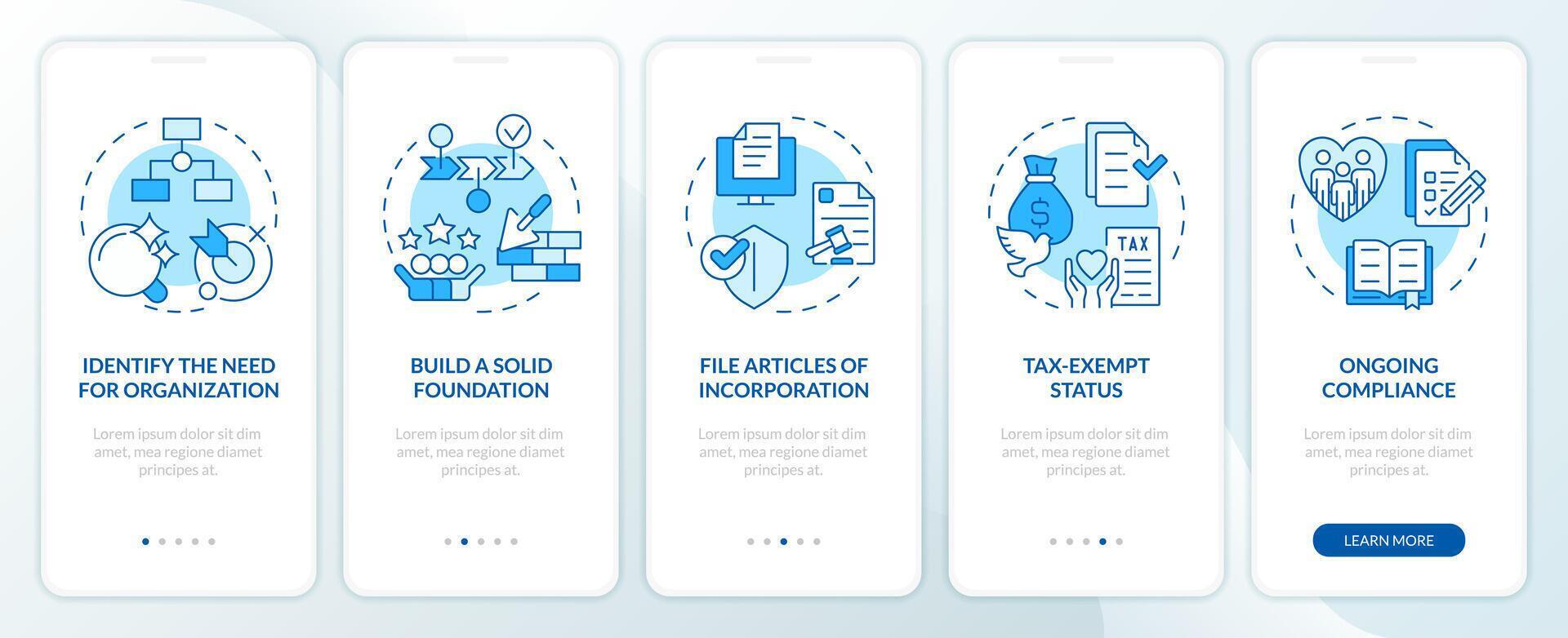 Steps to start NPOs blue onboarding mobile app screen. Work of NGO walkthrough 5 steps editable graphic instructions with linear concepts. UI, UX, GUI template vector