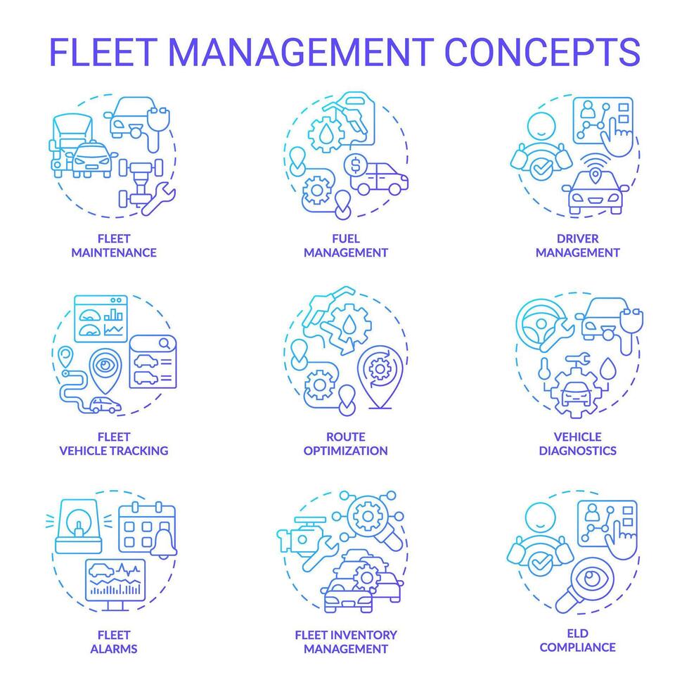 Fleet management blue gradient concept icons. Vehicle maintenance. Efficiency monitoring, inventory control. Operational cost reduce. Icon pack. images. Round shape illustrations. Abstract idea vector