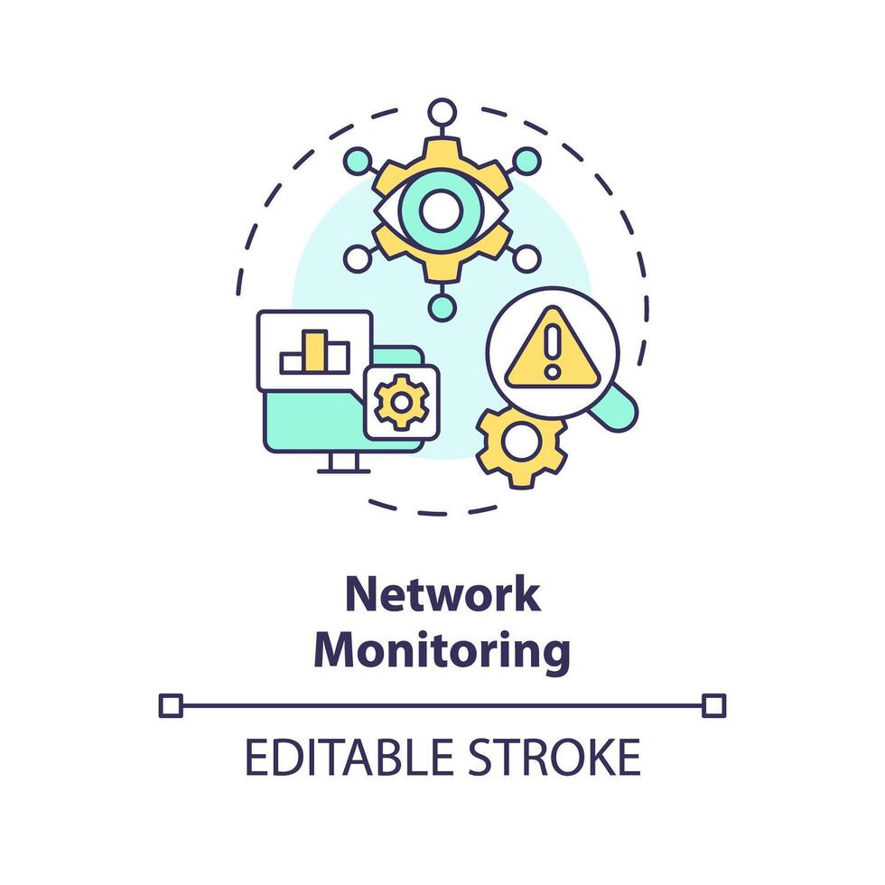 Network monitoring multi color concept icon. Assessment management, detection. Digital tracking, connection control. Round shape line illustration. Abstract idea. Graphic design. Easy to use vector