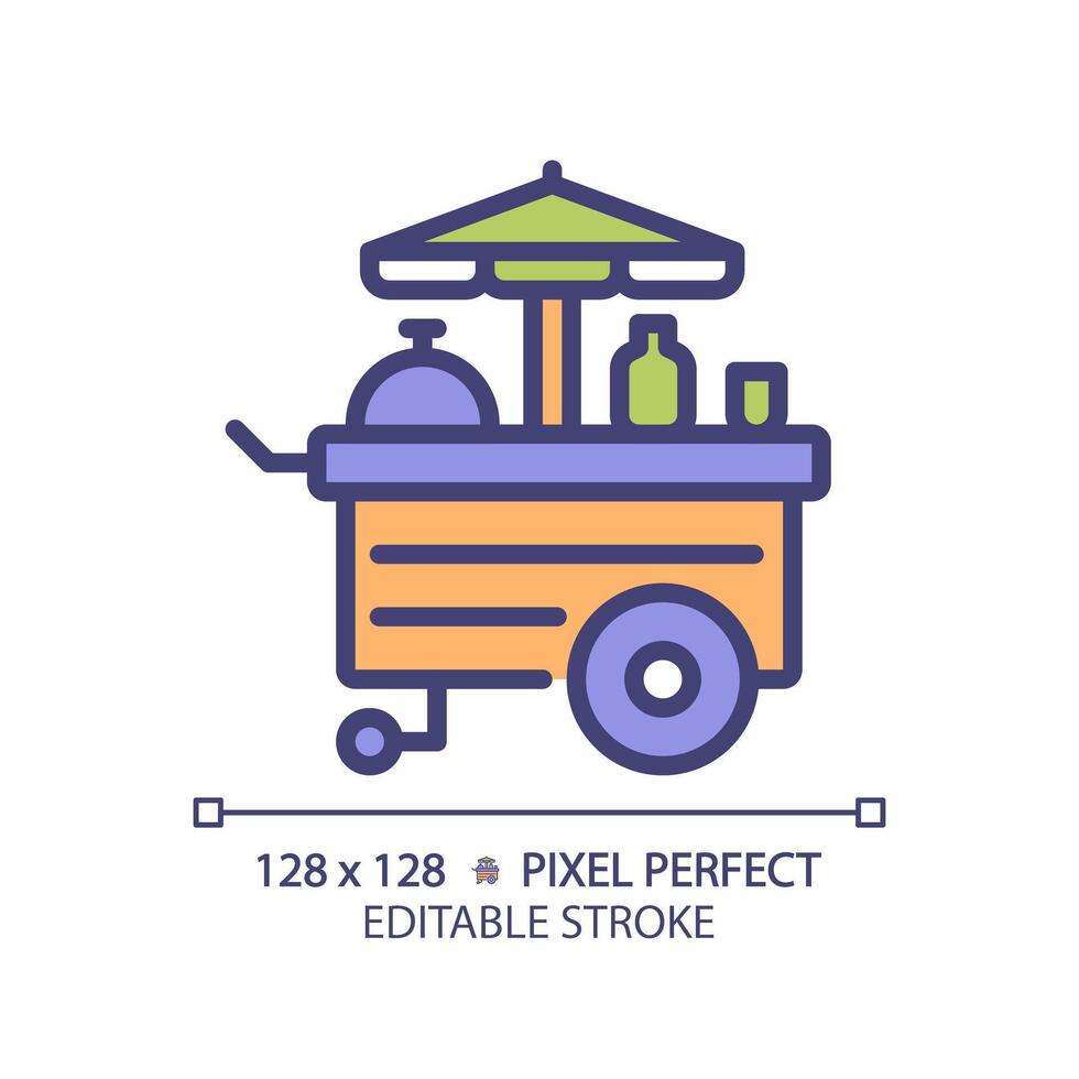 Food cart amusement pixel perfect RGB color icon. Carnival popcorn stand. Mobile kitchen, fastfood business. Isolated illustration. Simple filled line drawing. Editable stroke vector