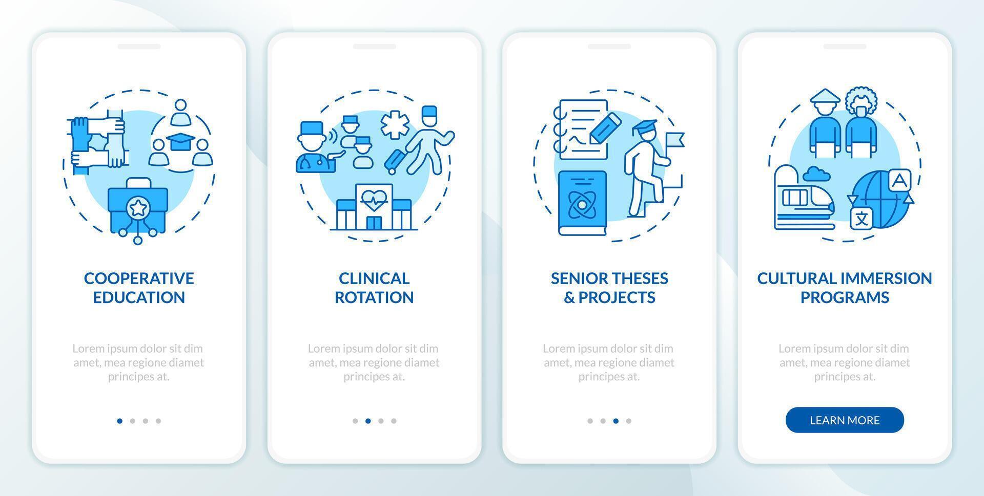 Education types blue onboarding mobile app screen. Activities walkthrough 4 steps editable graphic instructions with linear concepts. UI, UX, GUI template vector