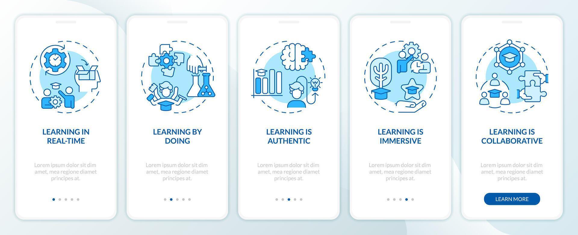 Experiential learning blue onboarding mobile app screen. Education walkthrough 5 steps editable graphic instructions with linear concepts. UI, UX, GUI template vector