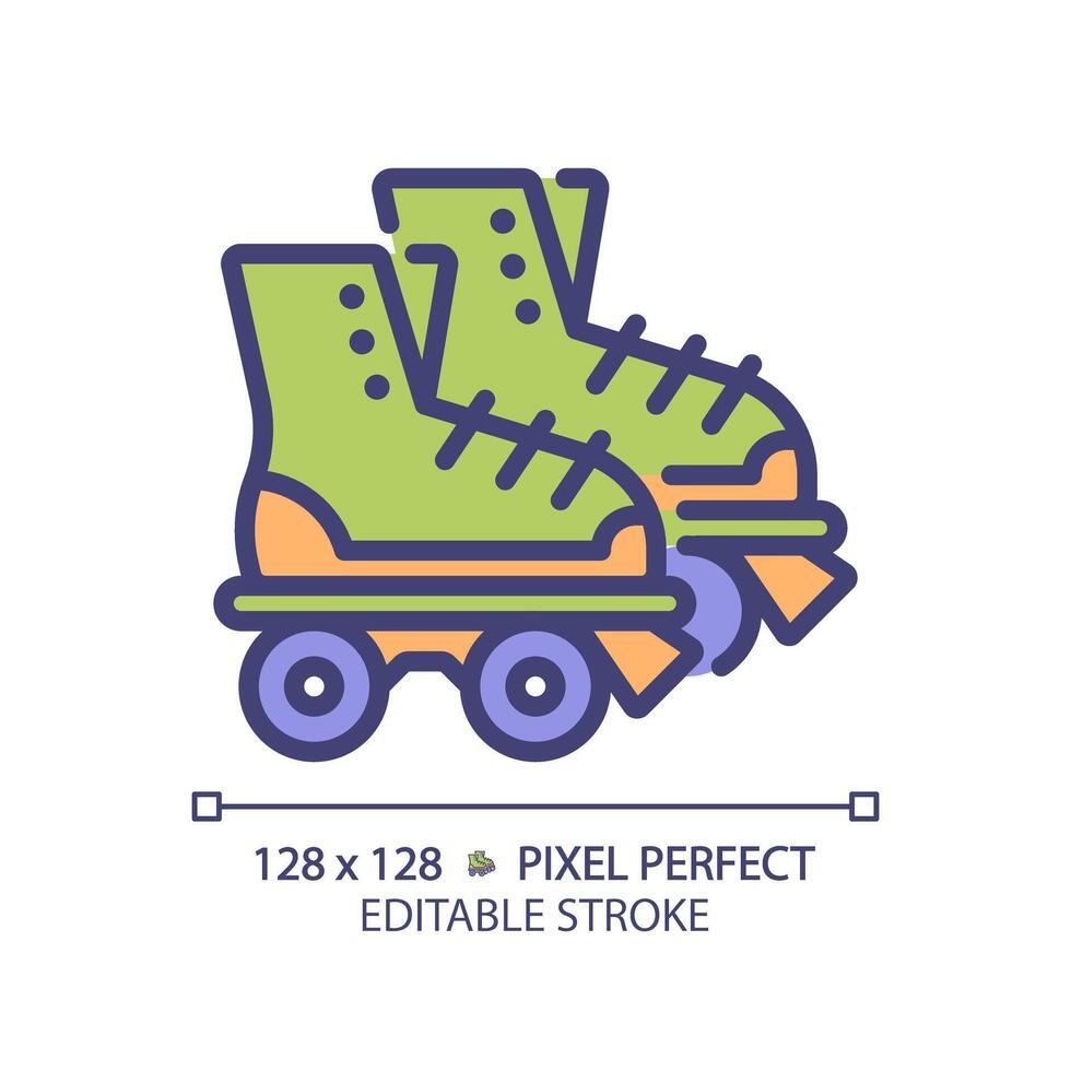 Disco roller skates pixel perfect RGB color icon. Old fashioned. Classic skating equipment. Funky party, retro footwear. Isolated illustration. Simple filled line drawing. Editable stroke vector