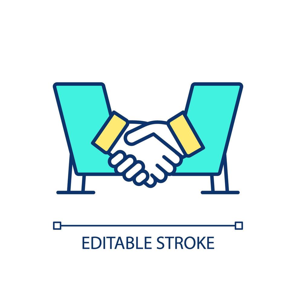 Handshake blue RGB color icon. Agreement between partners. Verbal commitment to transaction. Isolated illustration. Simple filled line drawing. Editable stroke vector