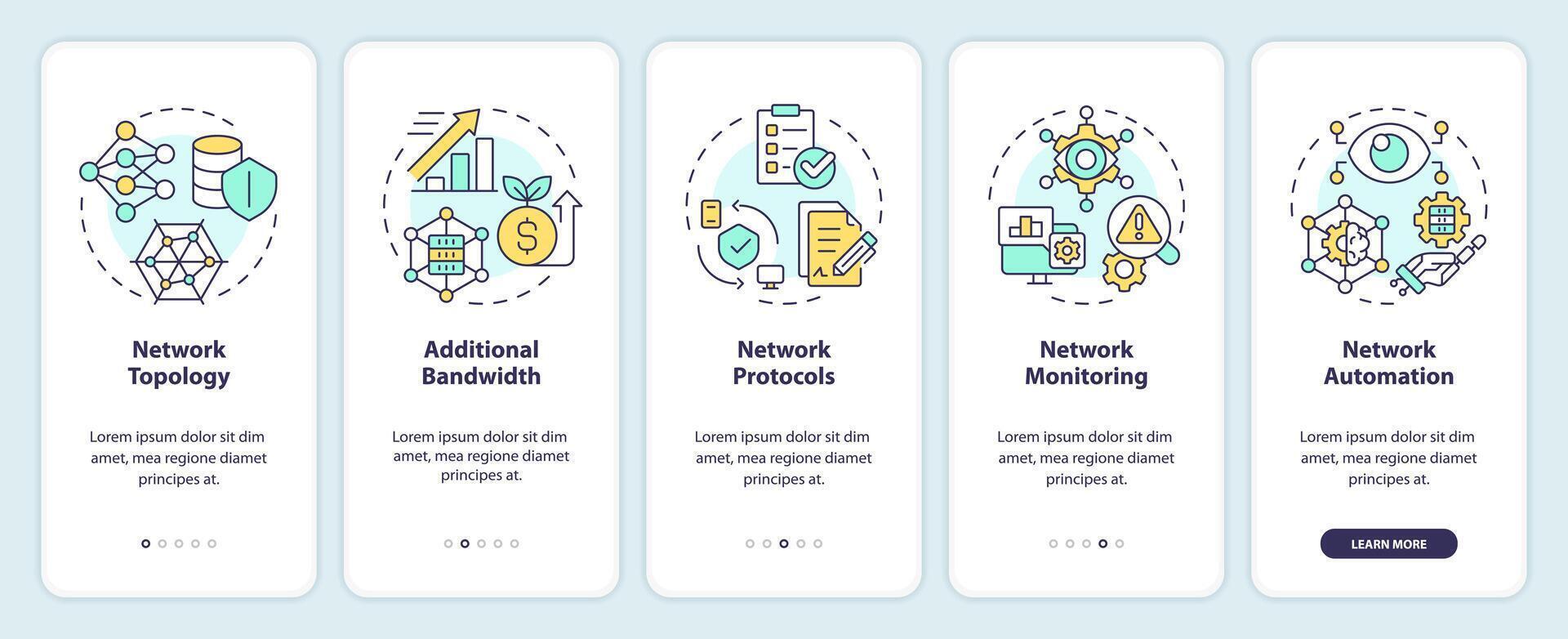 Practices for managing networks onboarding mobile app screen. Walkthrough 5 steps editable graphic instructions with linear concepts. UI, UX, GUI template vector