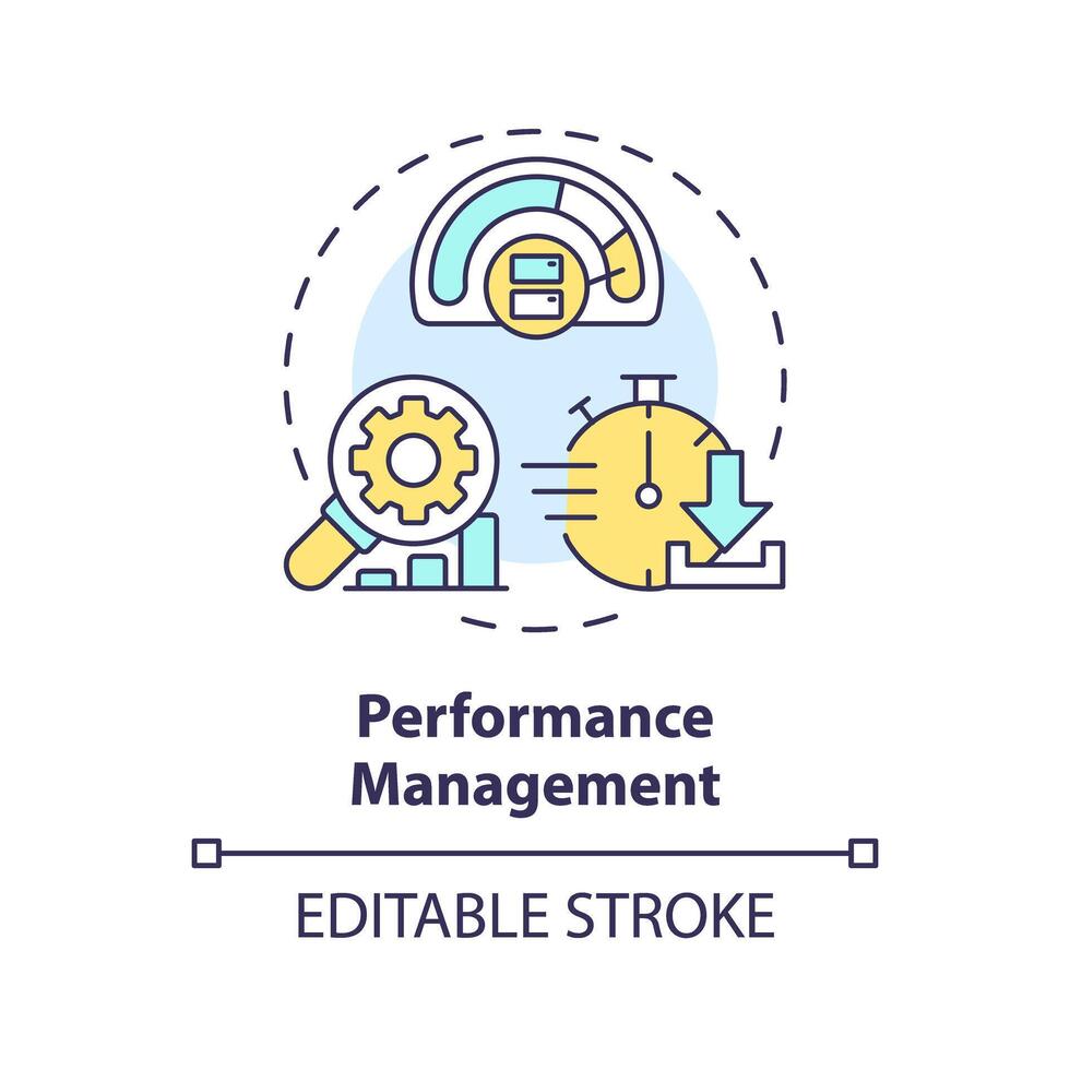 Performance management multi color concept icon. System analysis, process improvement. Efficiency administration. Round shape line illustration. Abstract idea. Graphic design. Easy to use vector