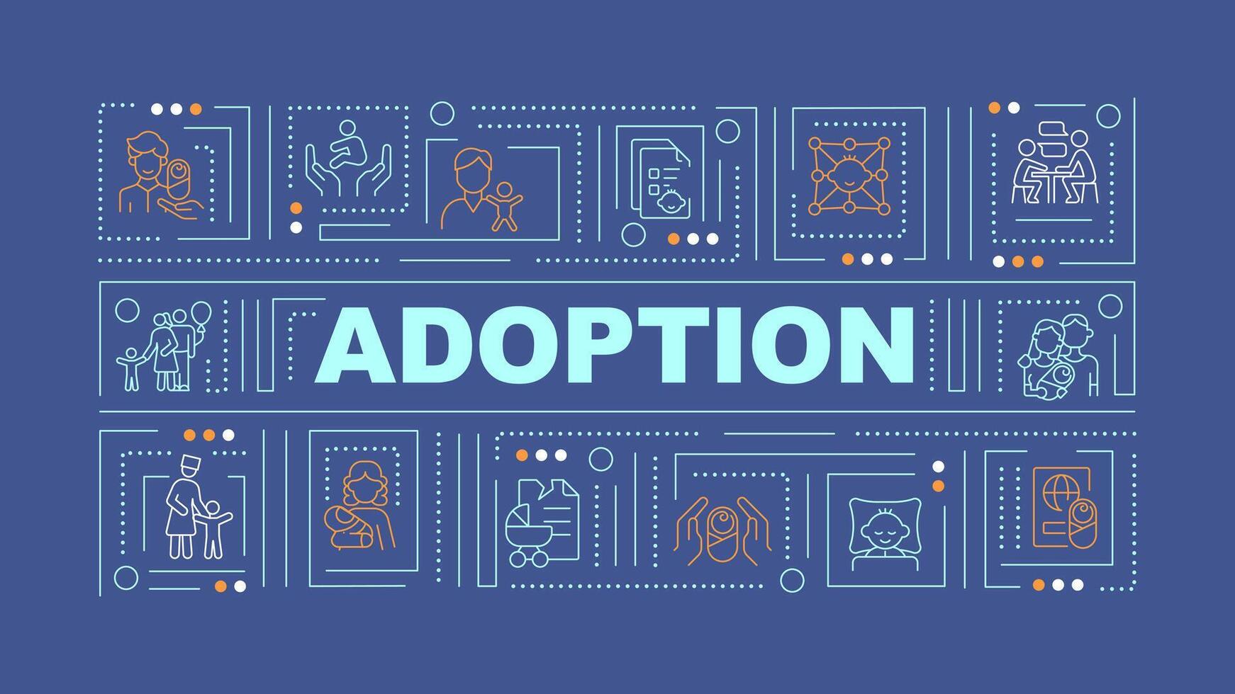 Adoption blue word concept. Legal process. Happy family. Typography banner. Flat design. illustration with title text, editable line icons. Ready to use vector