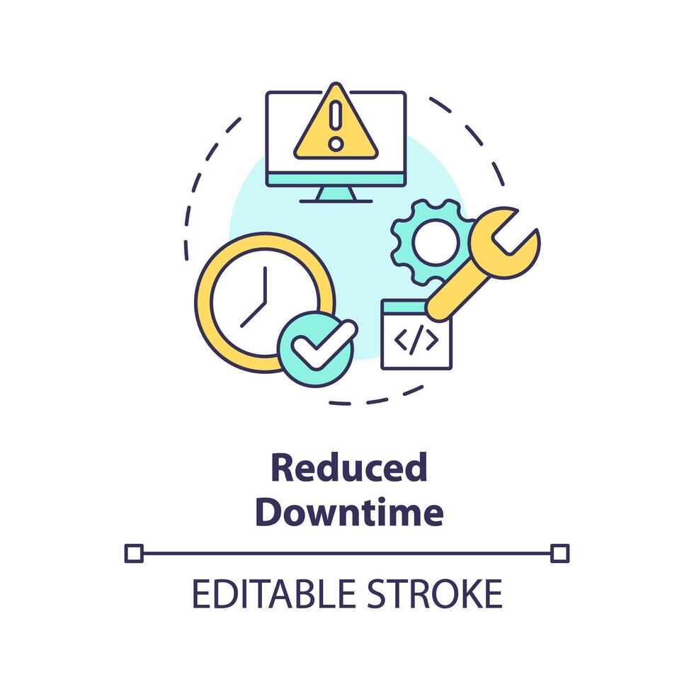 Downtime reduce multi color concept icon. Server maintenance monitoring tools. Performance analysis, process optimization. Round shape line illustration. Abstract idea. Graphic design. Easy to use vector