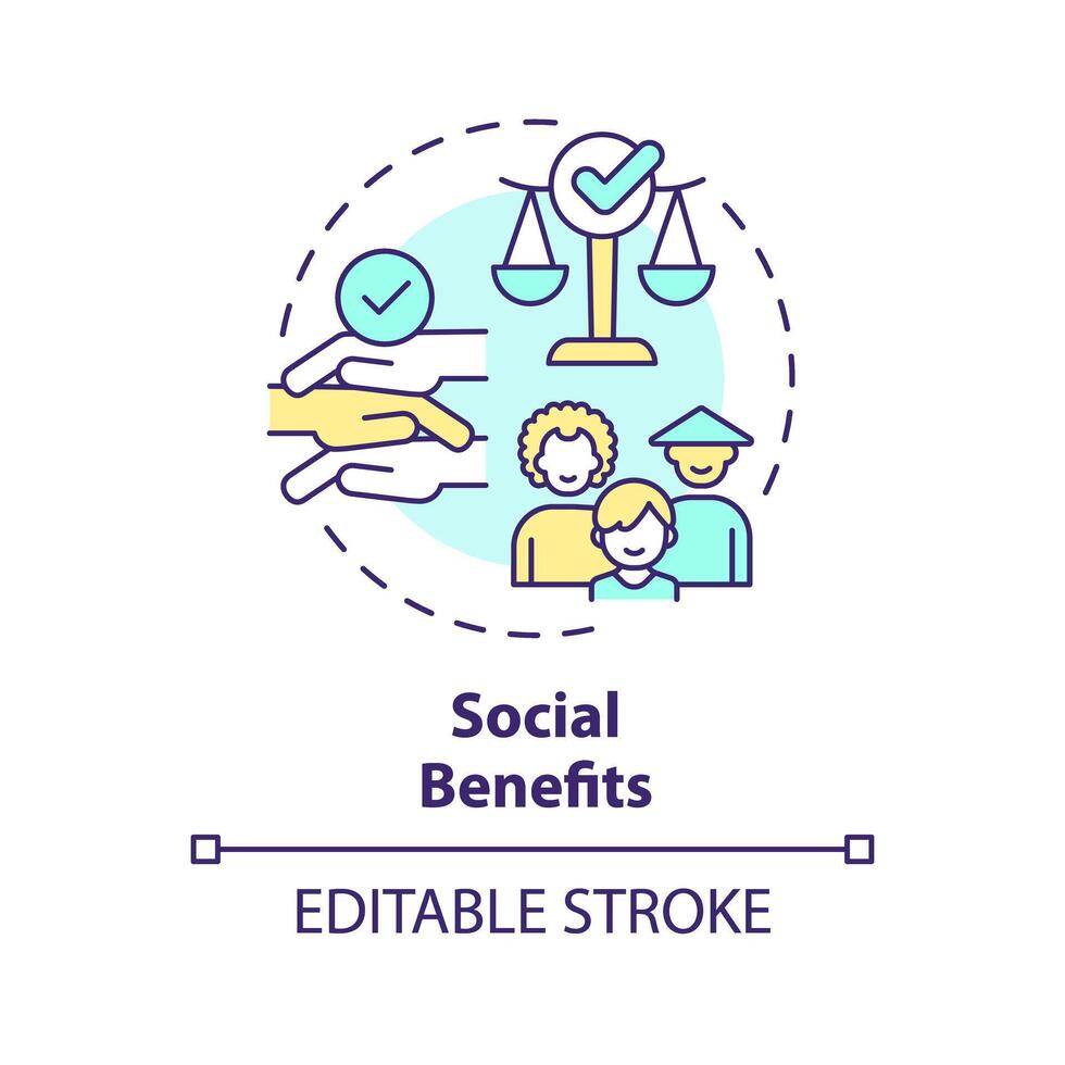 Social benefit multi color concept icon. Diverse family. Child adoption. Social justice. Cultural inclusion. Round shape line illustration. Abstract idea. Graphic design. Easy to use vector