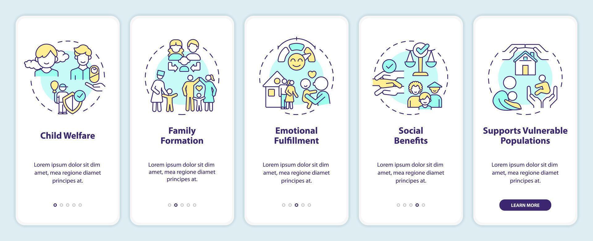 Benefits of adoption onboarding mobile app screen. Positive sides walkthrough 5 steps editable graphic instructions with linear concepts. UI, UX, GUI template vector