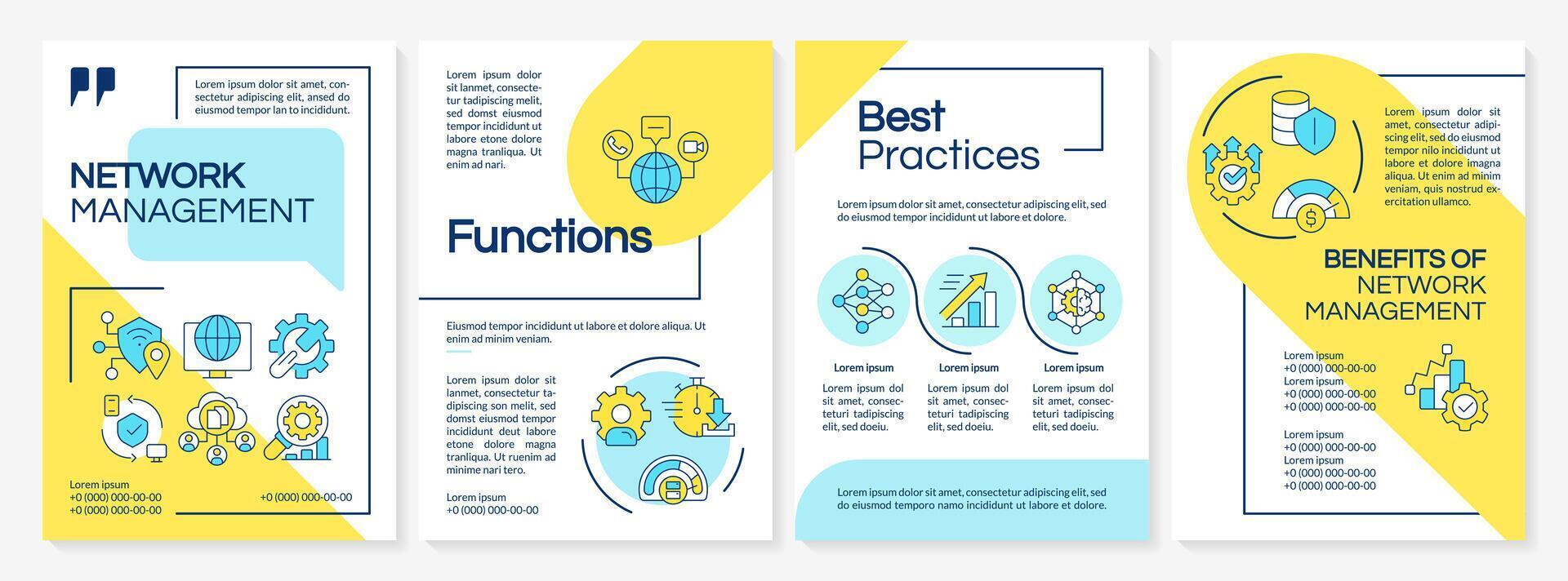 Network infrastructure management blue and yellow brochure template. Leaflet design with linear icons. Editable 4 layouts for presentation, annual reports. Questrial-Regular, Lato fonts used vector