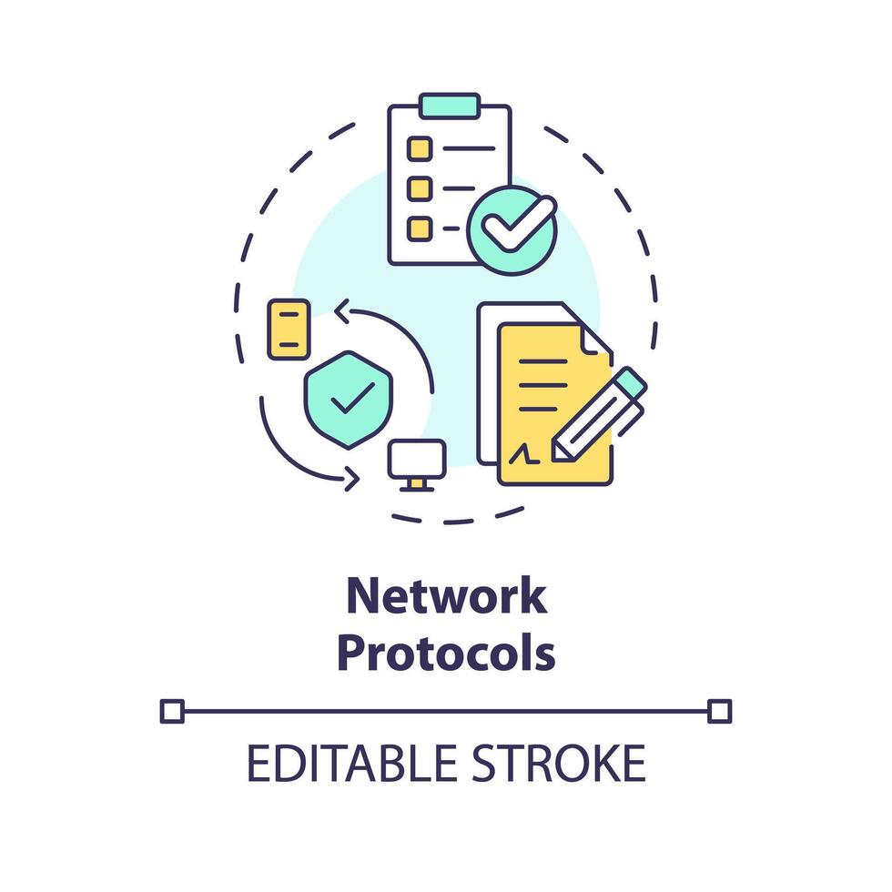 Network protocols multi color concept icon. System administration, data transferring. Personal privacy, cybersecurity. Round shape line illustration. Abstract idea. Graphic design. Easy to use vector