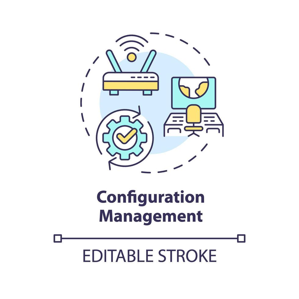 Configuration management multi color concept icon. Performance evaluation, monitoring tools. Server maintenance. Round shape line illustration. Abstract idea. Graphic design. Easy to use vector