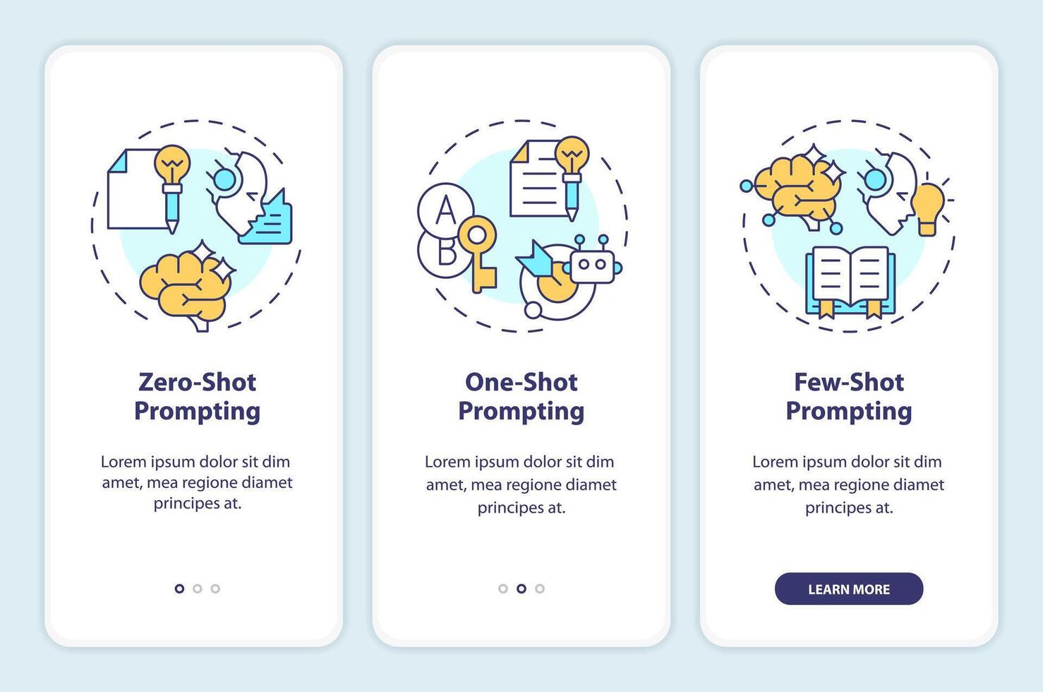 Prompt engineering methods onboarding mobile app screen. Walkthrough 3 steps editable graphic instructions with linear concepts. UI, UX, GUI template vector