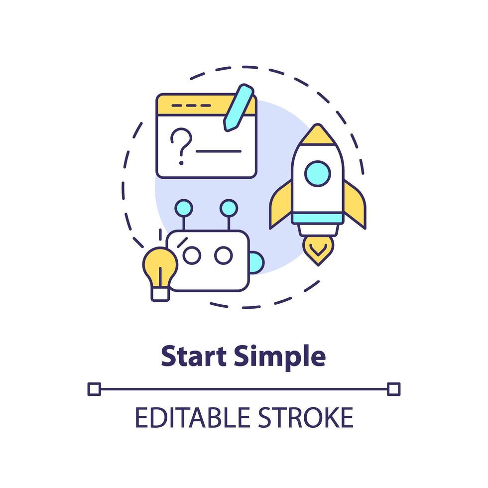 Start simple multi color concept icon. Prompt engineering tips. Design clear instruction. Ask basic question. Round shape line illustration. Abstract idea. Graphic design. Easy to use in article vector