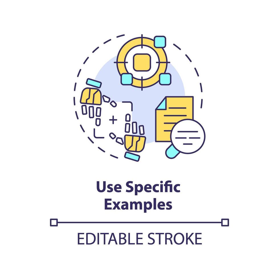 Using specific examples multi color concept icon. Prompt engineering tips. Provide with concrete information. Round shape line illustration. Abstract idea. Graphic design. Easy to use in article vector