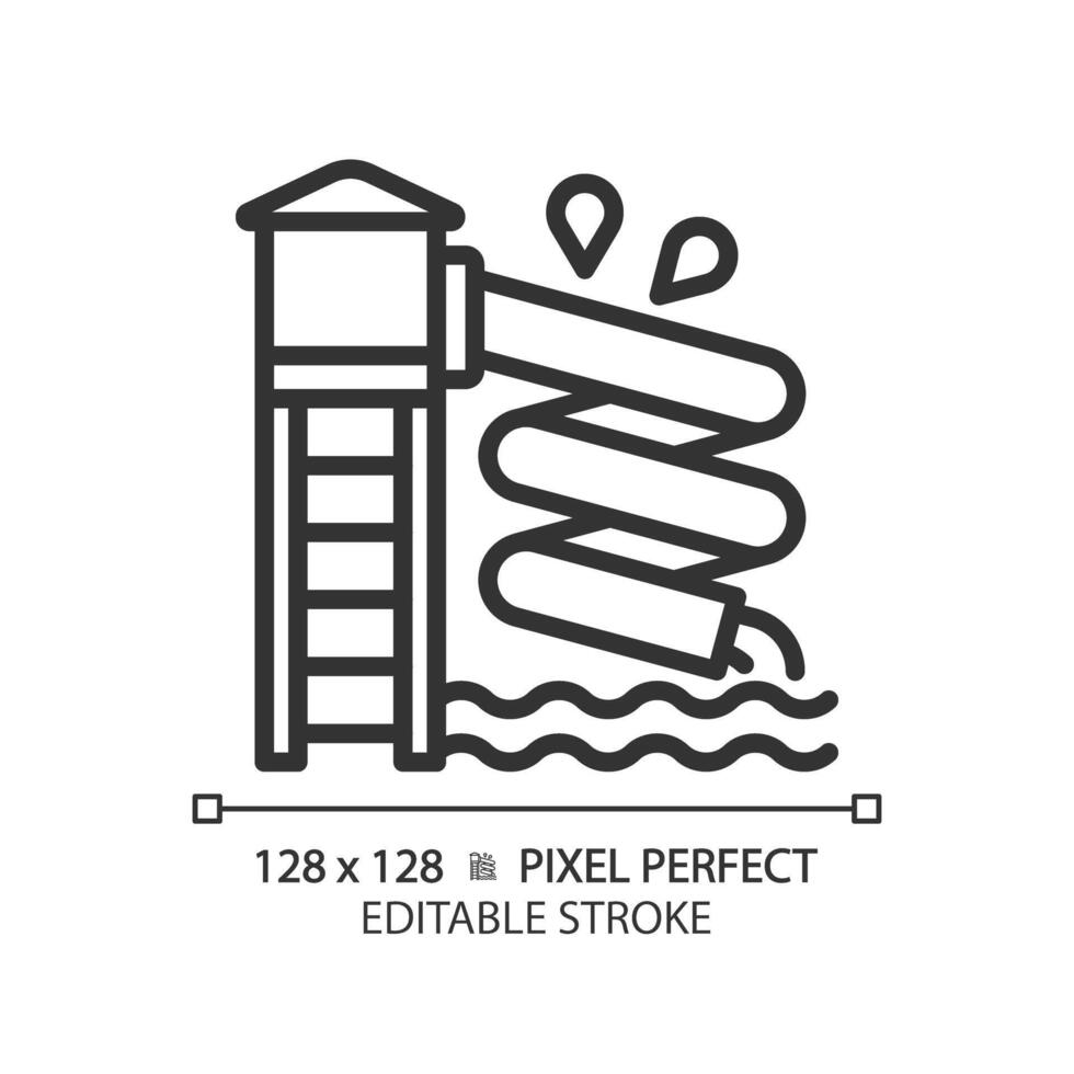 Waterslide pixel perfect linear icon. Aqua park attraction. Family vacation. Leisure activity. Water playground. Thin line illustration. Contour symbol. outline drawing. Editable stroke vector