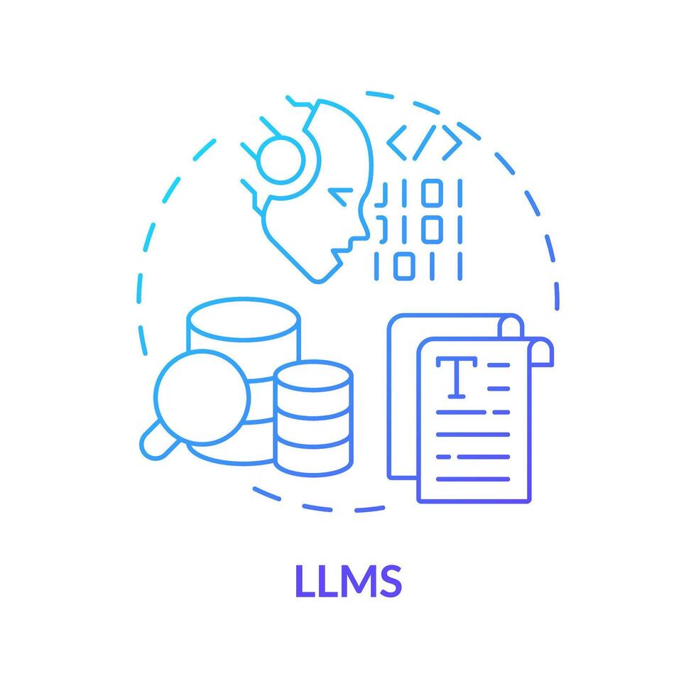 LLM artificial intelligence blue gradient concept icon. Content generation, chatbot. Round shape line illustration. Abstract idea. Graphic design. Easy to use infographic, presentation vector