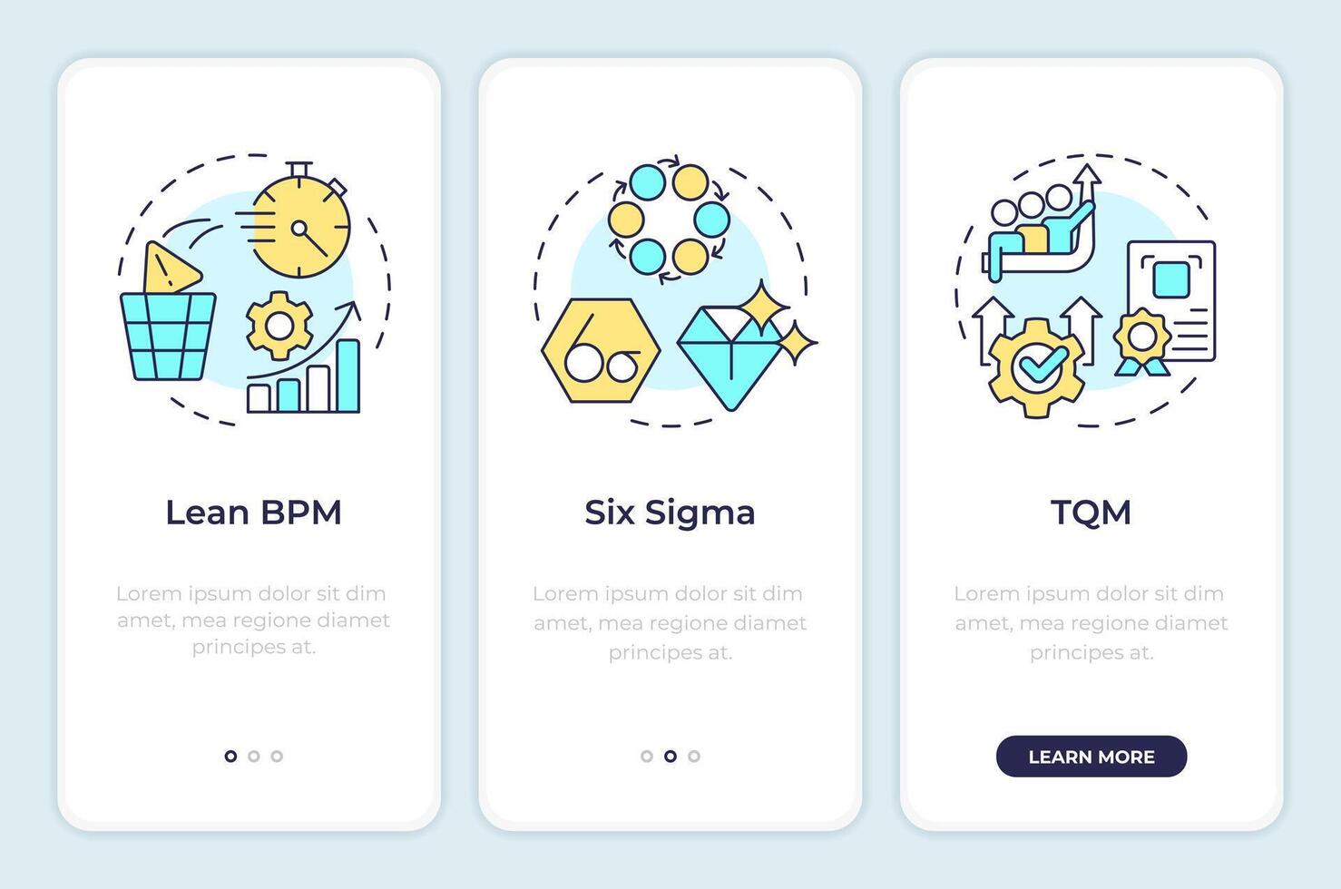 BPM methodologies onboarding mobile app screen. Walkthrough 3 steps editable graphic instructions with linear concepts. UI, UX, GUI template. Montserrat SemiBold, Regular fonts used vector