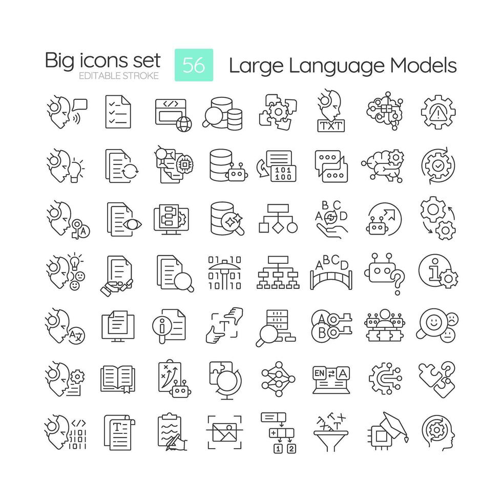 Large language models linear icons set. Artificial intelligence. Data engineering. Digital assistance. Customizable thin line symbols. Isolated outline illustrations. Editable stroke vector