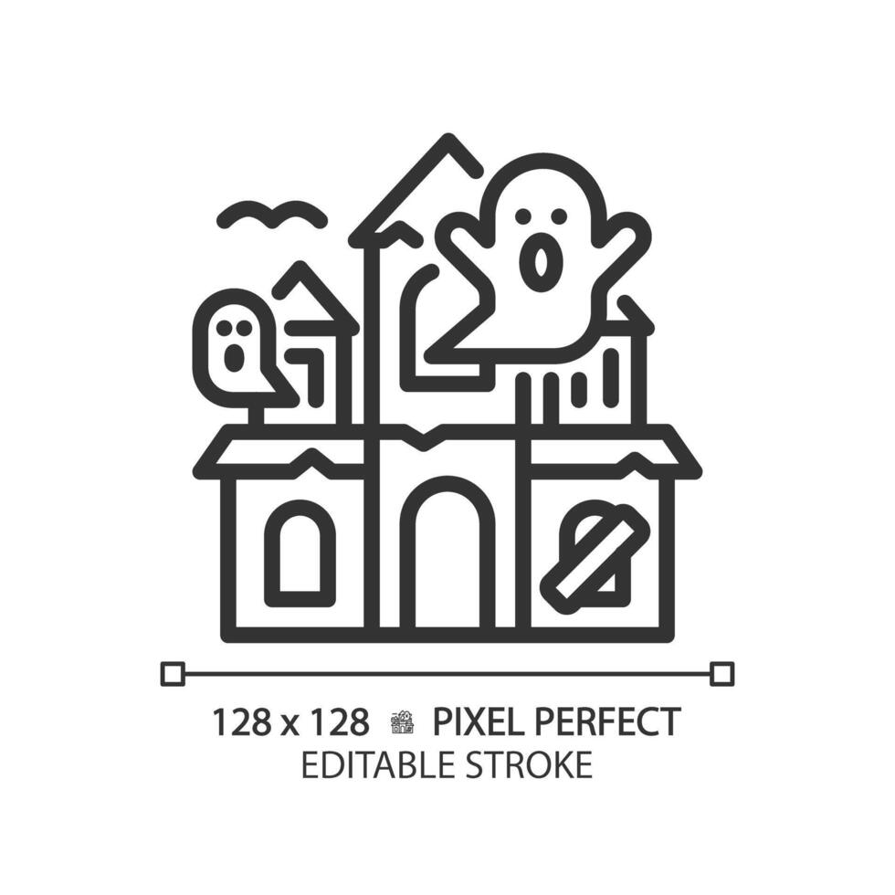 Haunted house pixel perfect linear icon. Halloween castle, thematical park attraction. Supernatural entertainment. Thin line illustration. Contour symbol. outline drawing. Editable stroke vector