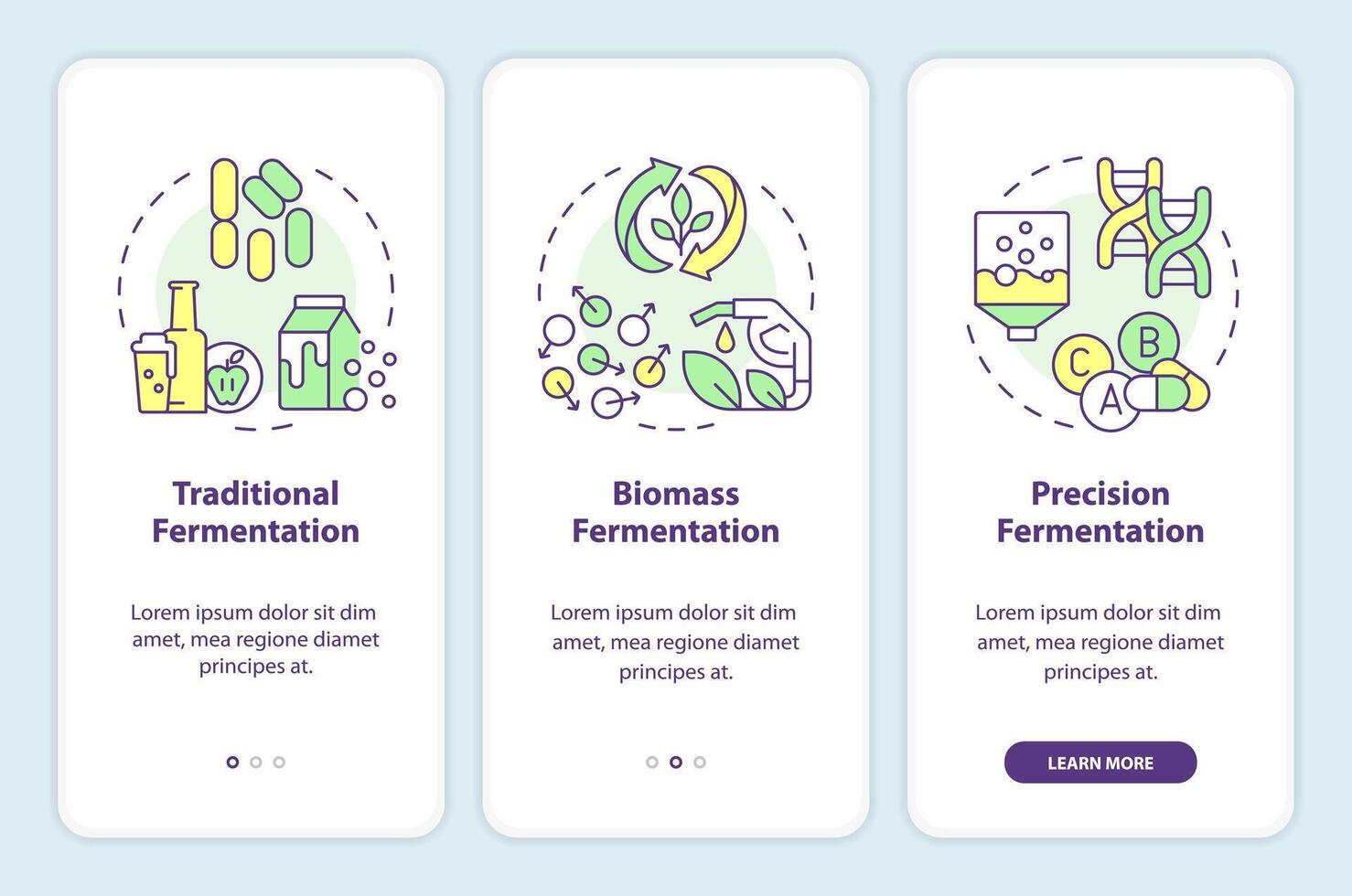 Types of fermentation onboarding mobile app screen. Food industry. Walkthrough 3 steps editable graphic instructions with linear concepts. UI, UX, GUI template vector