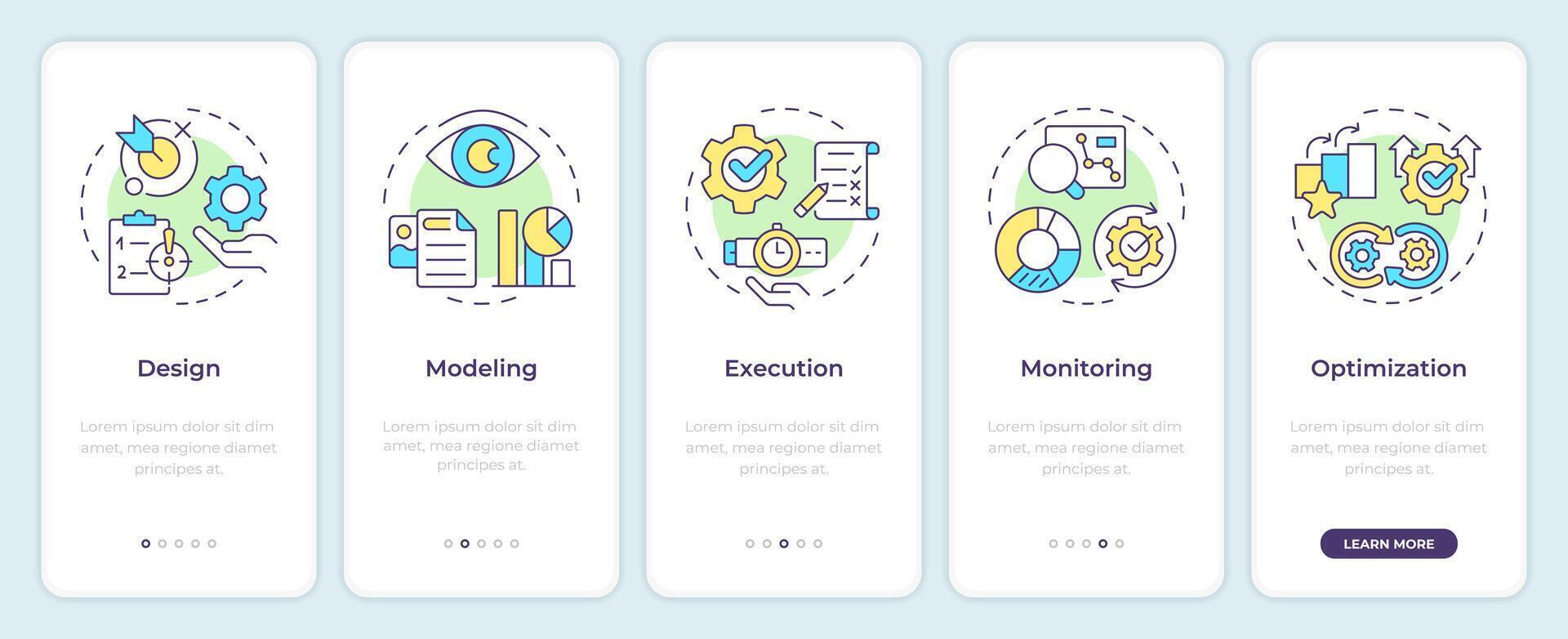 BPM lifecycle onboarding mobile app screen. Business modeling. Walkthrough 5 steps editable graphic instructions with linear concepts. UI, UX, GUI template. Montserrat SemiBold, Regular fonts used vector