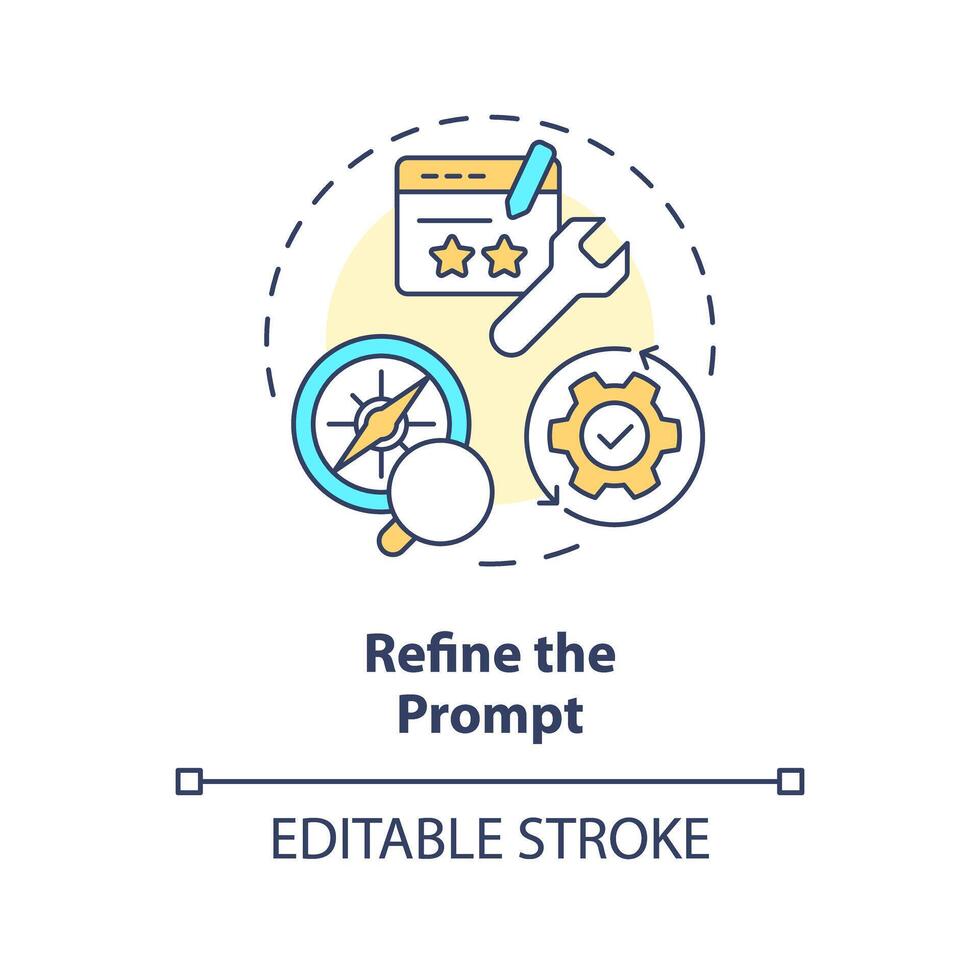 Refine prompt multi color concept icon. Prompt engineering. Improve and rephrase instruction. Correct task. Round shape line illustration. Abstract idea. Graphic design. Easy to use in article vector