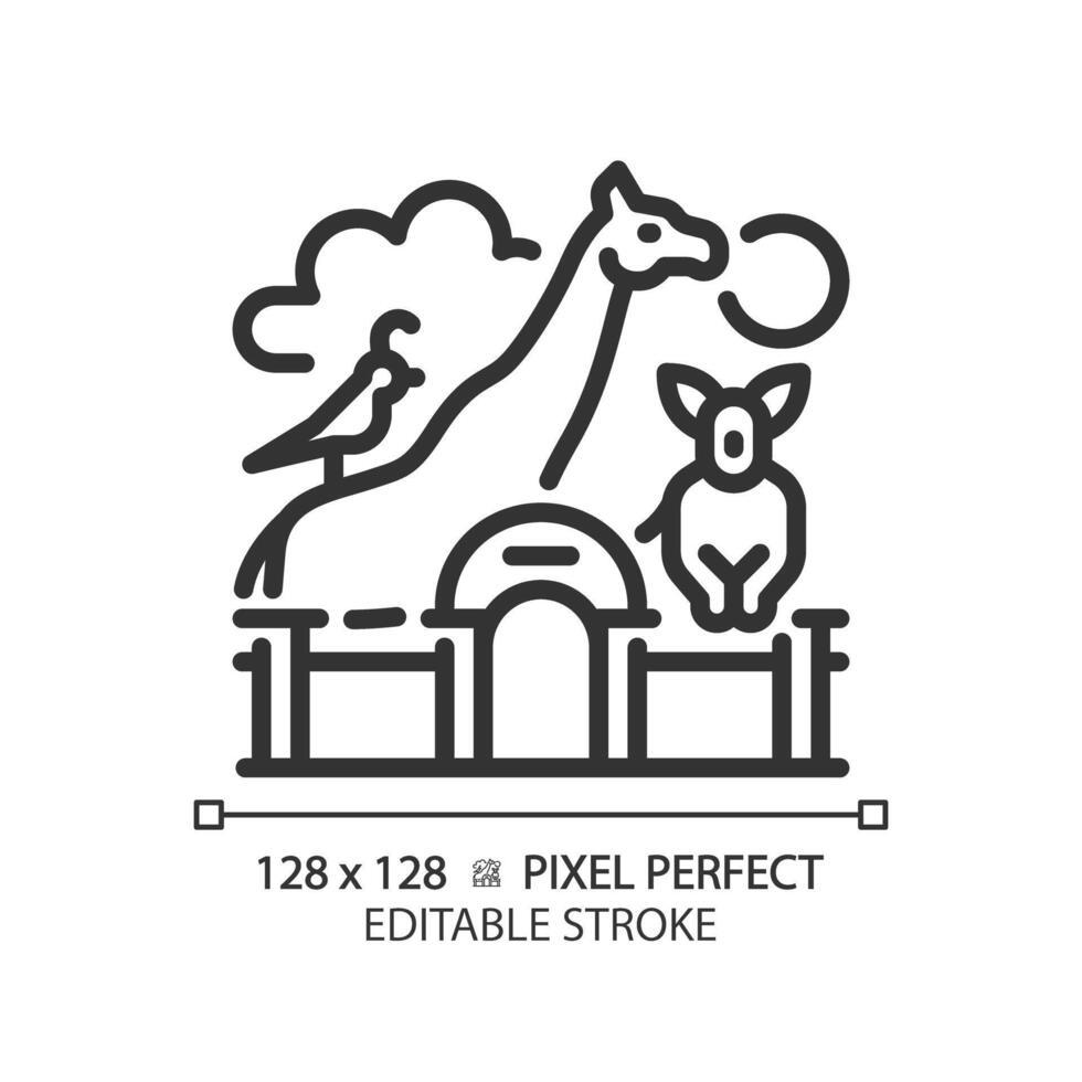 Zoo life exhibition pixel perfect linear icon. Zoological park, wildlife preservation. Animal habitats. Thin line illustration. Contour symbol. outline drawing. Editable stroke vector