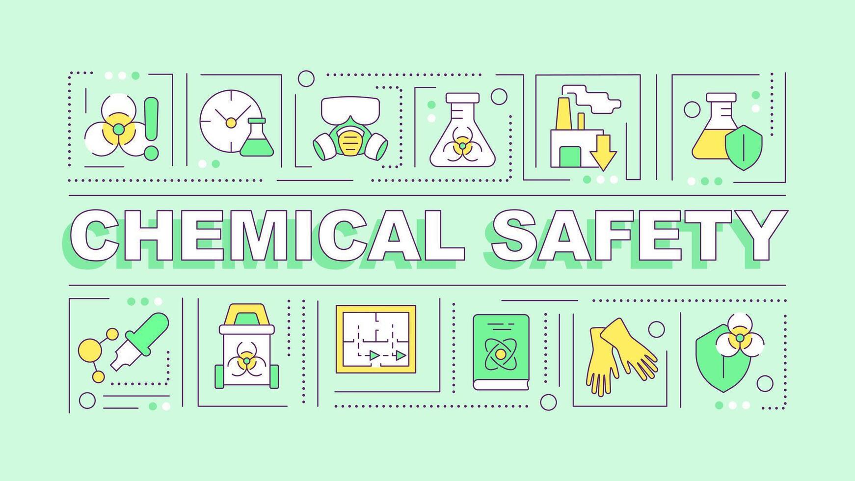 Chemical safety green word concept. Synthetic materials, toxic waste. Typography banner. Flat design. illustration with title text, editable line icons. Ready to use vector