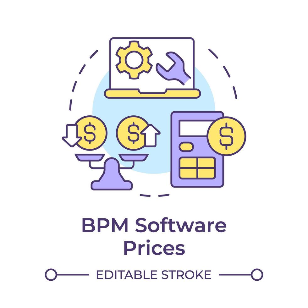 BPM software prices multi color concept icon. Service expenses calculation. Workflow optimizing. Round shape line illustration. Abstract idea. Graphic design. Easy to use in infographic, article vector