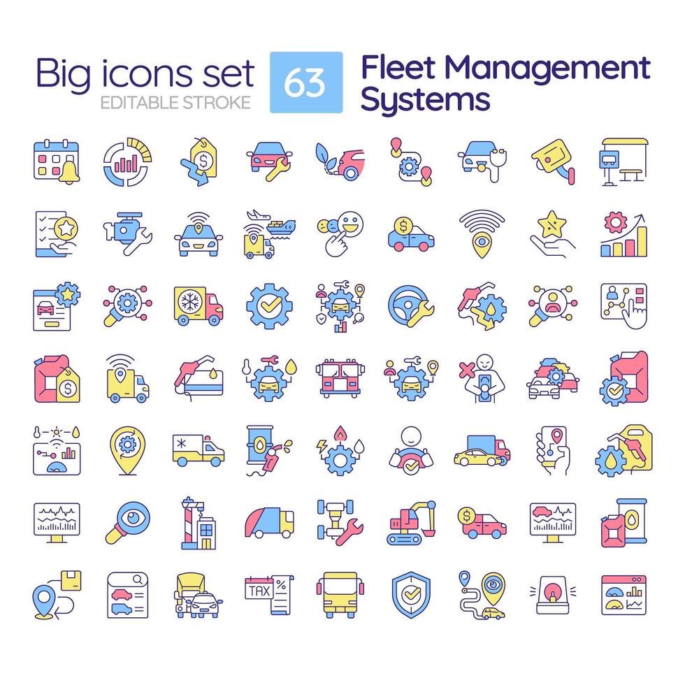 Fleet management systems RGB color icons set. Route planning, vehicle tracking. Customer satisfaction. Isolated illustrations. Simple filled line drawings collection. Editable stroke vector