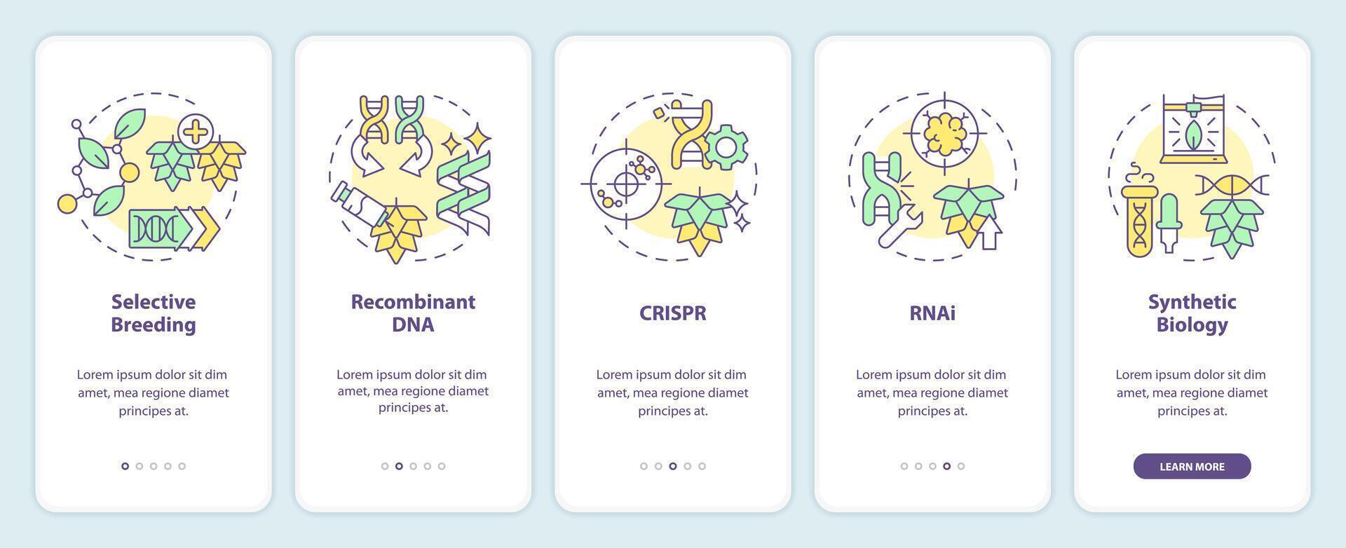 Genetic modification techniques onboarding mobile app screen. Walkthrough 5 steps editable graphic instructions with linear concepts. UI, UX, GUI template vector