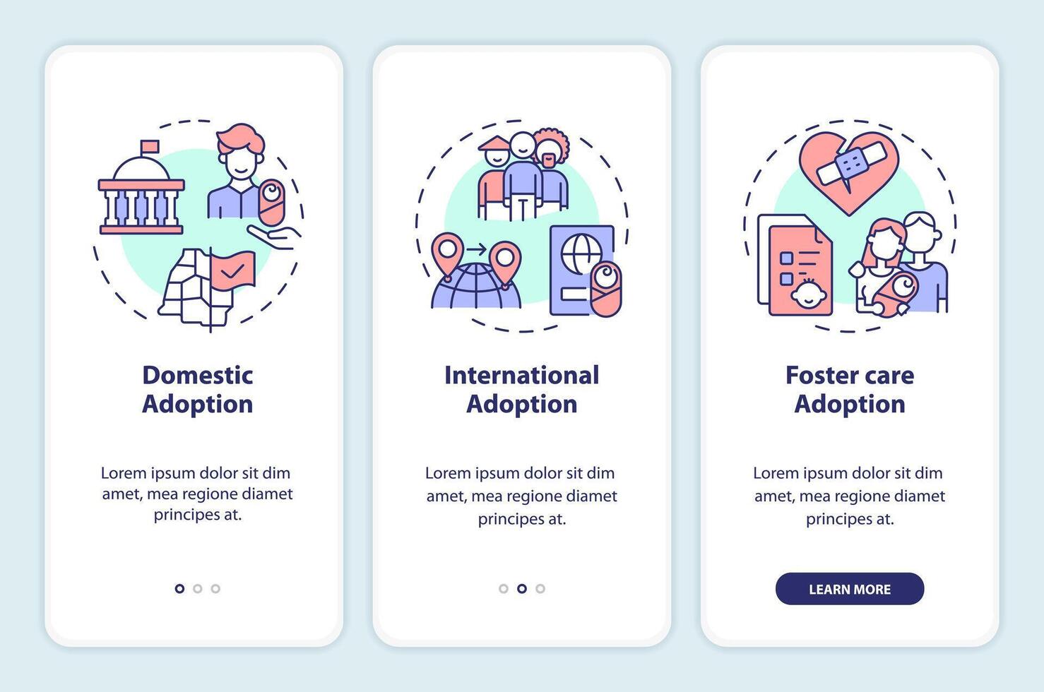 tipos de adopción inducción móvil aplicación pantalla. niño custodia recorrido 3 pasos editable gráfico instrucciones con lineal conceptos. ui, ux, gui modelo vector