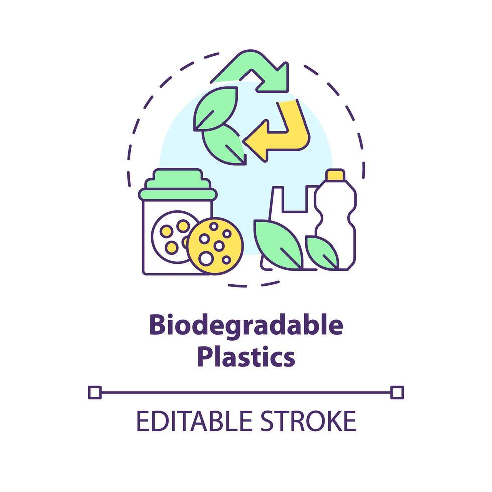 Biodegradable plastics multi color concept icon. Biopolymers recycling, pollution reduce. Environment preservation. Round shape line illustration. Abstract idea. Graphic design. Easy to use in vector