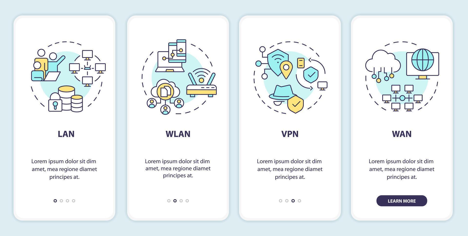 Types of network onboarding mobile app screen. Network management. Walkthrough 4 steps editable graphic instructions with linear concepts. UI, UX, GUI template vector
