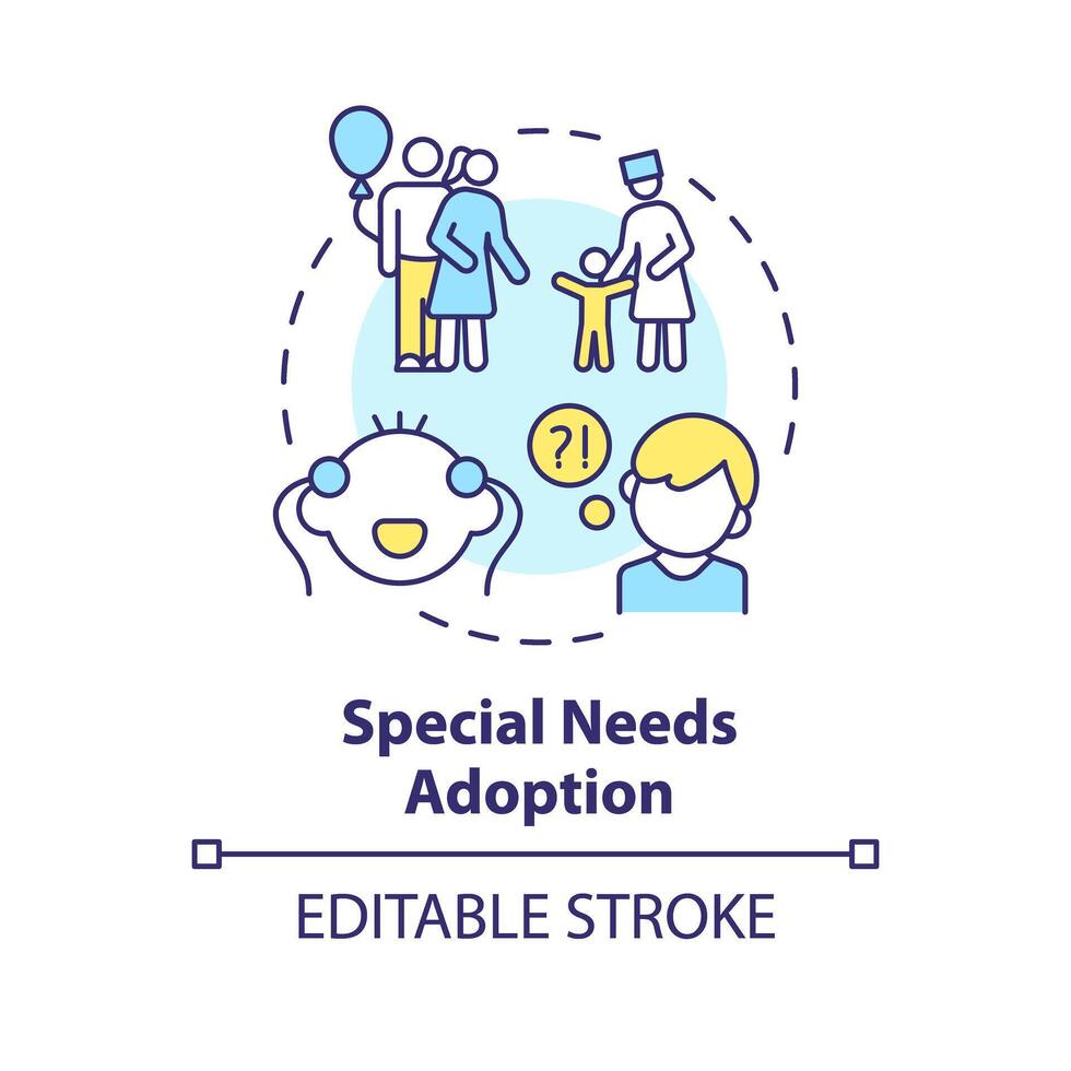 Special needs adoption multi color concept icon. Adopt child with disability. Unconditionally loving family. Child welfare. Round shape line illustration. Abstract idea. Graphic design. Easy to use vector