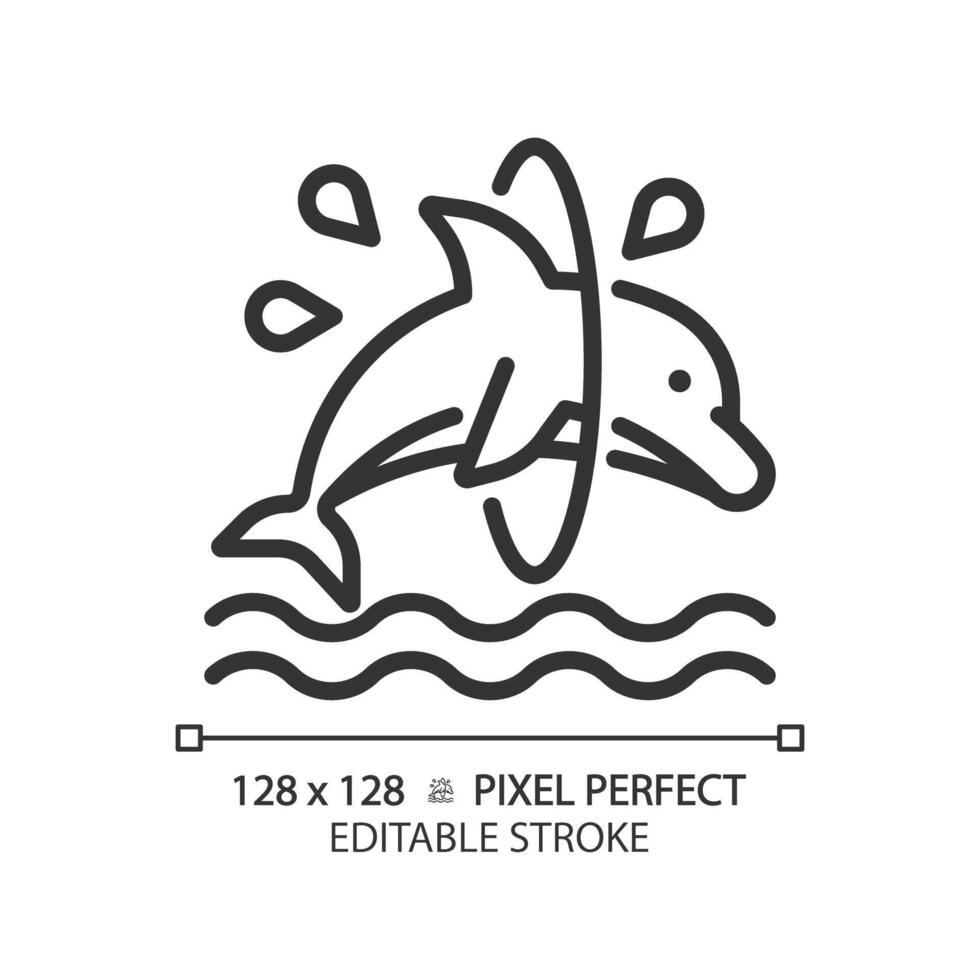 Dolphin trick pixel perfect linear icon. Jumping through hoop. Dolphinarium aquatic show. Acrobatic entertainment. Thin line illustration. Contour symbol. outline drawing. Editable stroke vector