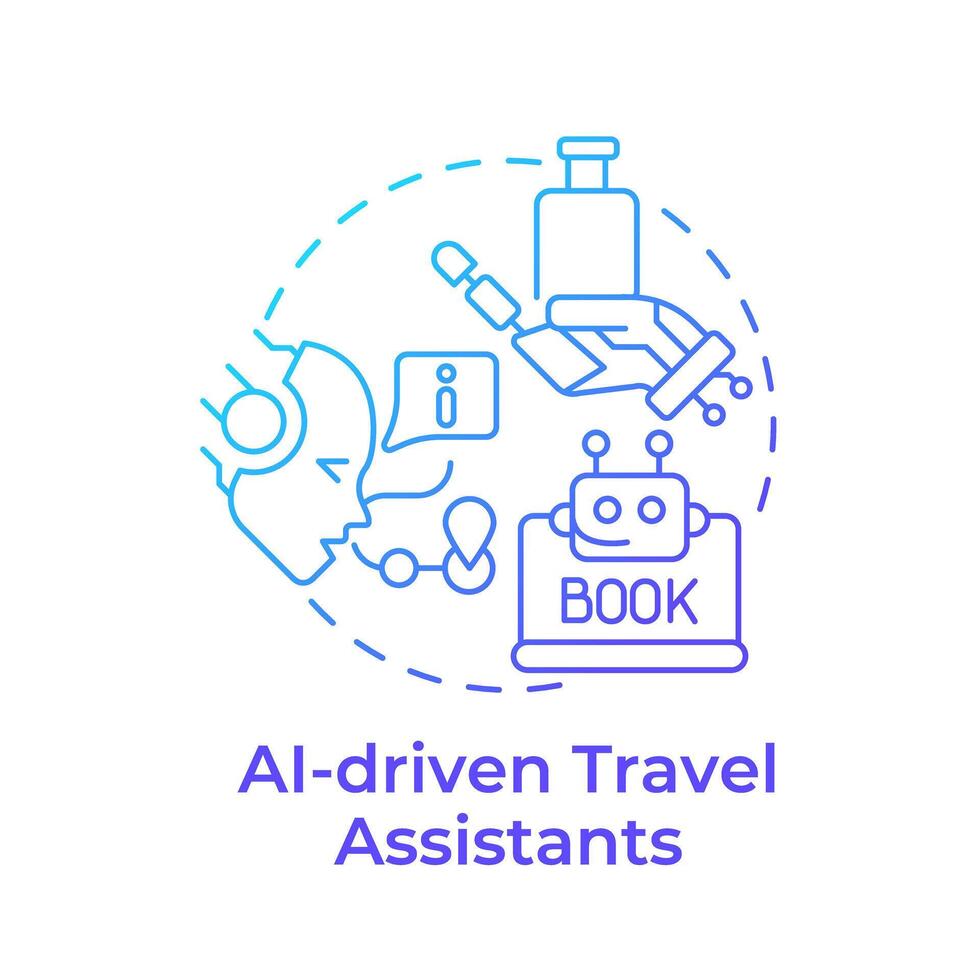 AI-driven travel assistants blue gradient concept icon. Virtual assistance. Technology integration in travelling. Round shape line illustration. Abstract idea. Graphic design. Easy to use in blog post vector