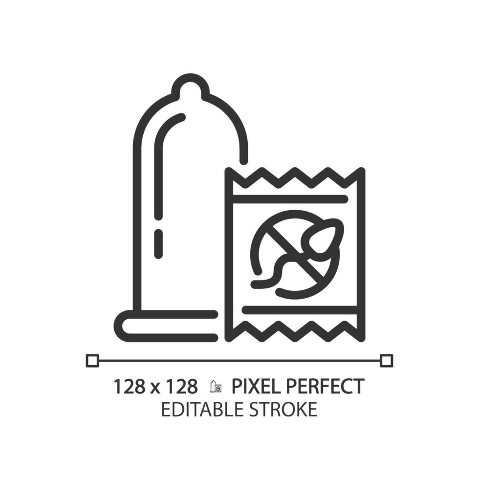 Condom linear icon. Birth control methods. Contraception products, hygiene. Pregnancy prevention. Healthcare medicine. Thin line illustration. Contour symbol. outline drawing. Editable stroke vector
