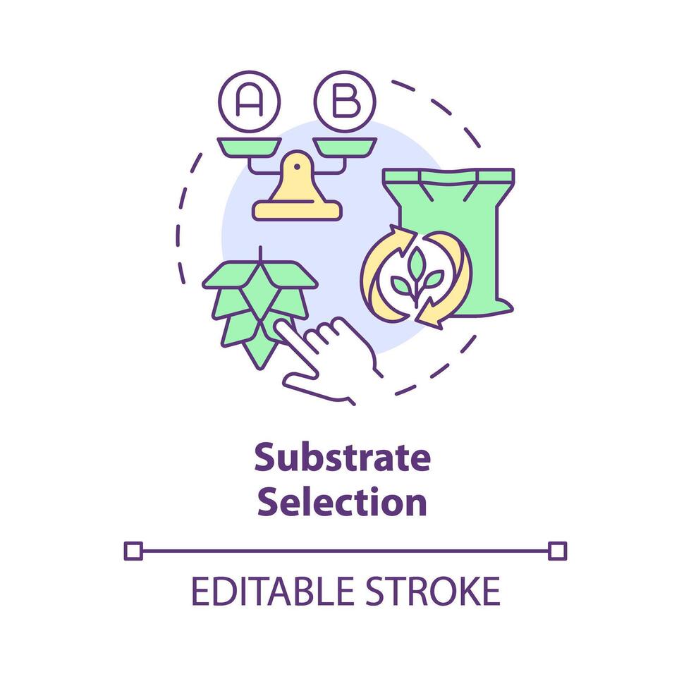 Substrate selection multi color concept icon. Agriculture bioprocessing, synthetic biofertilizers. Biofuel production. Round shape line illustration. Abstract idea. Graphic design. Easy to use vector