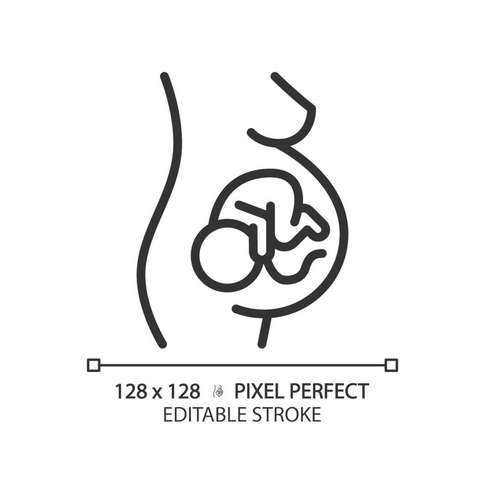 Pregnancy linear icon. Pregnant woman, childbearing. Maternity womb, gestational carrier. Embryo baby, childcare. Thin line illustration. Contour symbol. outline drawing. Editable stroke vector