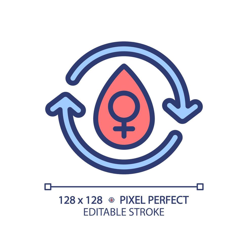 Female menstrual cycle RGB color icon. Feminine reproduction system illness. Period cycle blood. Menstrual flow. Isolated illustration. Simple filled line drawing. Editable stroke vector