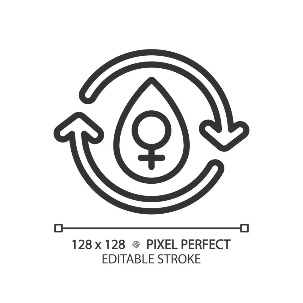 Female menstrual cycle linear icon. Feminine reproduction system illness. Period cycle blood. Menstrual flow. Thin line illustration. Contour symbol. outline drawing. Editable stroke vector